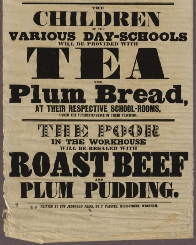 Ein Blatt mit der Aufschrift "Die Kinder der verschiedenen Tagesschulen erhalten Tee, Pflaumenbrot und Rinderbraten und Pflaumenpudding"