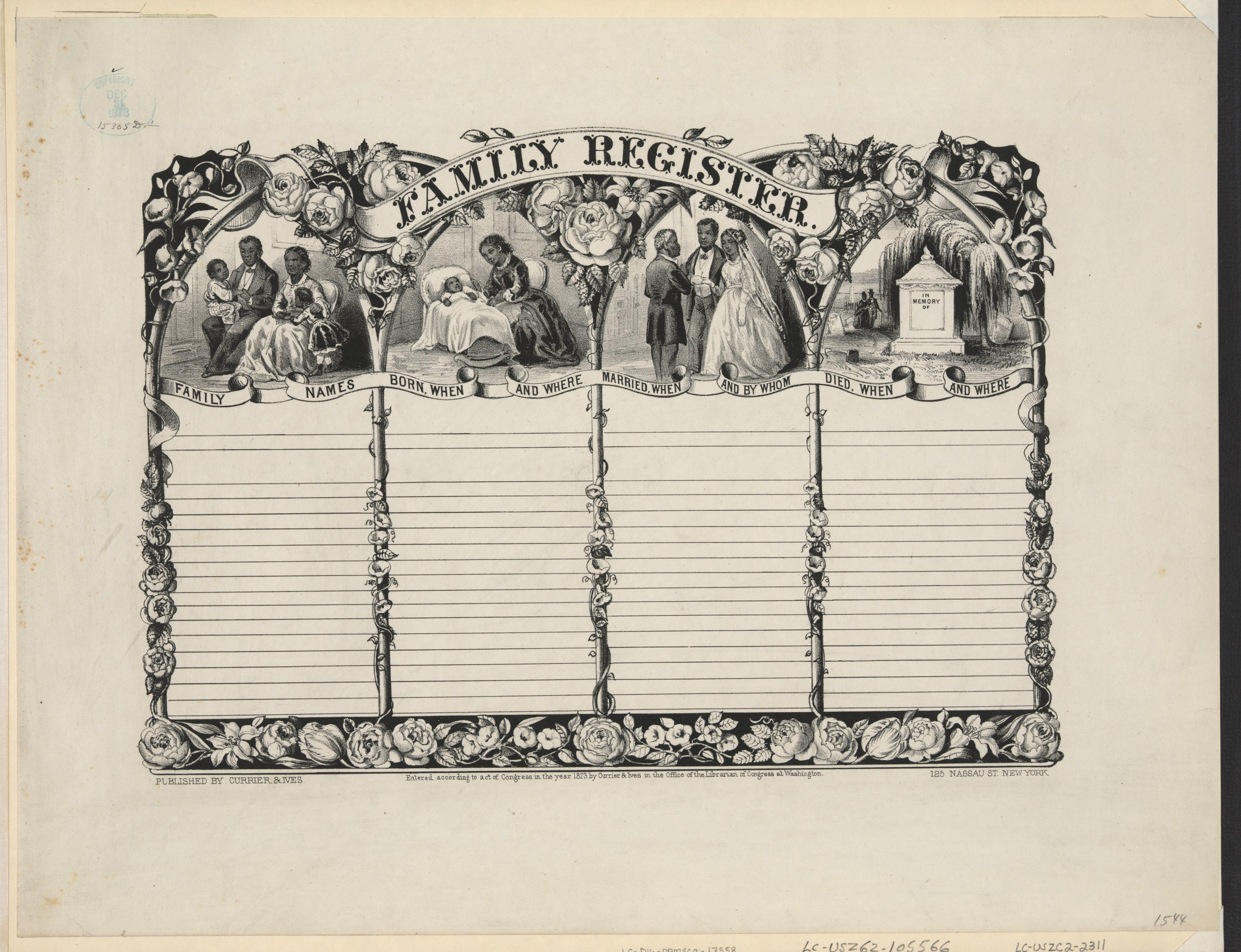 Schwarz-weißer Familienstammbaum mit Gruppenfoto in der Mitte und handgeschriebenem Text über Familienmitglieder.