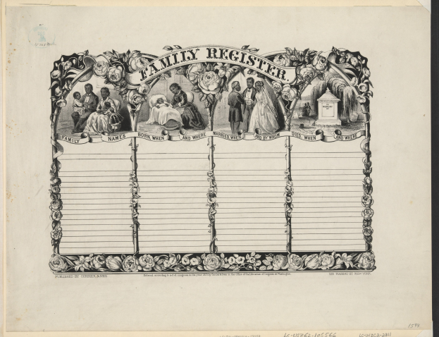 Schwarz-weißer Familienstammbaum mit Gruppenfoto in der Mitte und handgeschriebenem Text über Familienmitglieder.