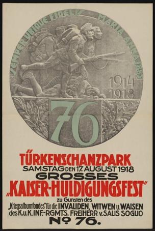 Plakat zum 70. Jubiläum des Kaiser-Huldigungsfestes in Berlin, Deutschland, mit einer Gruppe von Menschen in der Mitte, eingerahmt von einem klassischen Fotorahmen mit umgebenem Text und Zahlen.