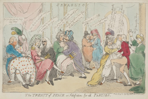 Eine Zeitung mit einer Zeichnung von sitzenden und stehenden Menschen, betitelt mit "Der Friedensvertrag für alle Parteien", was eine Diskussion über den Vertrag nahelegt.