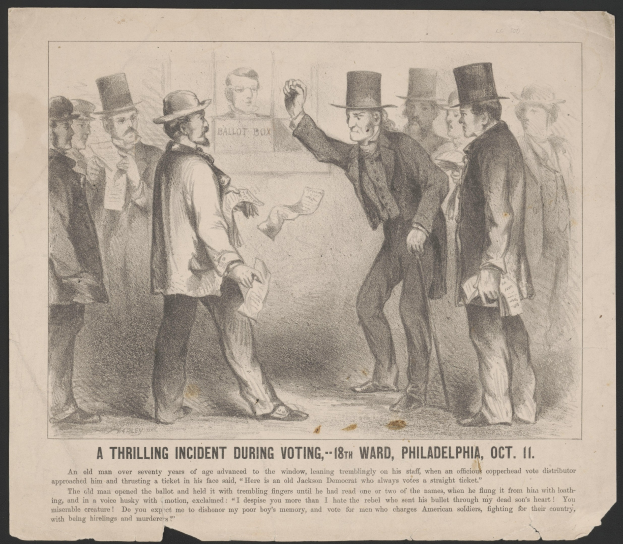 Ein historisches Illustration mit dem Titel "Ein aufregender Vorfall während der Stimmabgabe - 18. Bezirk, Philadelphia, 11. Oktober", das eine Gruppe von Menschen in Hüten zeigt, wobei eine Person Papiere hält.