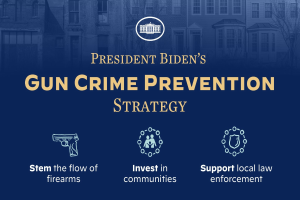 Plakat mit der Überschrift "Präsidents Biden's Gun Crime Prevention Strategy" mit einer Stadtlandschaft im Hintergrund.