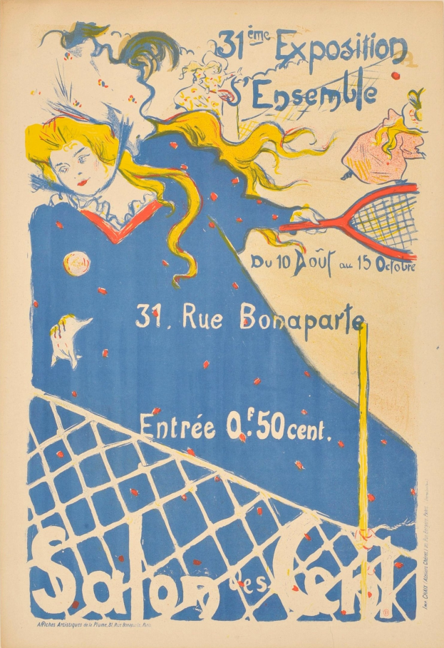 Ein Plakat, das ein Tennismatch mit einer Frau mit entschlossener Miene zeigt, die einen Schläger hält, und Text, der das Ereignis beschreibt.