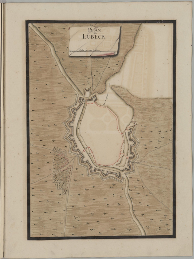 Ein altes Buch mit einer detaillierten Karte von Lübeck auf dem Cover, das Straßen, Gebäude und Sehenswürdigkeiten zeigt, begleitet von Texten über die Bevölkerung, Geschichte und Kultur der Stadt.