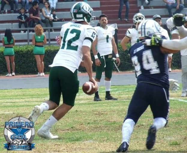 Ein Football-Spieler in Uniform rennt mit dem Ball, während ihn Gegner verfolgen, auf einem Feld mit Zuschauern im Hintergrund und einem Logo in der Ecke.