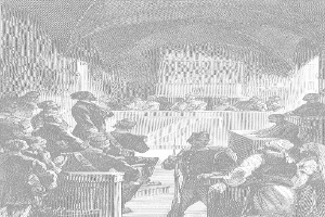 Eine Schwarz-Weiß-Zeichnung einer Gerichtsszene mit einem Mann, der eine Waffe hält und vor einer Menge von Menschen steht, einige sitzen auf Bänken und andere stehen, mit dem Text "Der Prozess gegen Thomas Jefferson" unten.