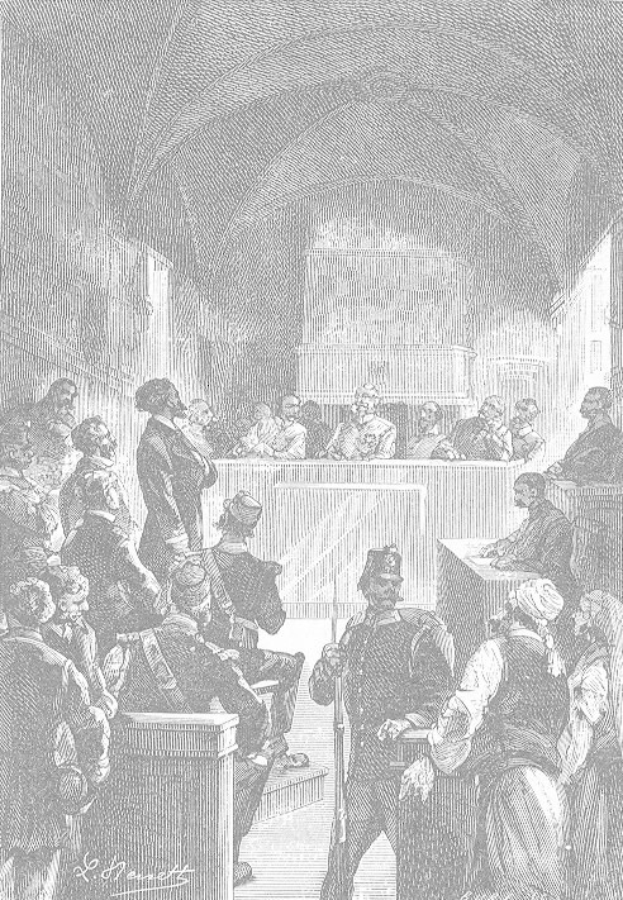 Eine Schwarz-Weiß-Zeichnung einer Gerichtsszene mit einem Mann, der eine Waffe hält und vor einer Menge von Menschen steht, einige sitzen auf Bänken und andere stehen, mit dem Text "Der Prozess gegen Thomas Jefferson" unten.