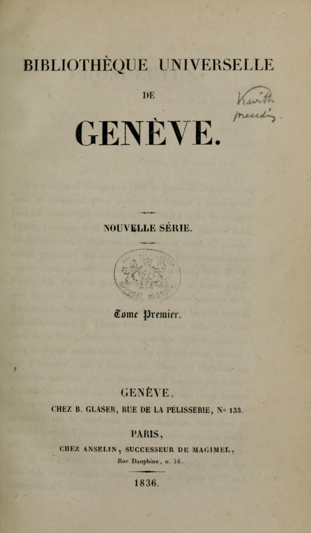 Altes Buch mit dem Titel 'Bibliothèque Universitaire de Geneve' offen, um Text im Innern zu zeigen.