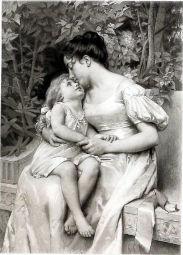 Eine Frau sitzt auf einer Bank, hält und küsst zärtlich ein Kind, umgeben von üppiger Vegetation in einer friedlichen Umgebung.