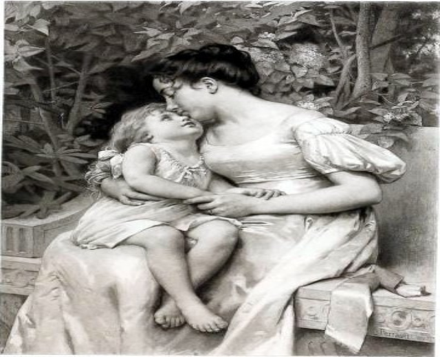 Eine Frau sitzt auf einer Bank, hält und küsst zärtlich ein Kind, umgeben von üppiger Vegetation in einer friedlichen Umgebung.