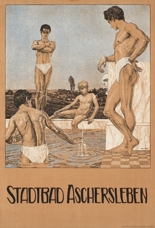 Plakat, das ein Schwimmbad in Aschersleben, Deutschland, zeigt, auf dem Menschen im Wasser zu sehen sind und einer sitzt, begleitet von Text über die Einrichtungen des Schwimmbads.
