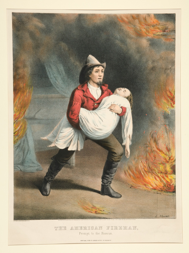 Amerikanischer Feuerwehrmann, der eine Frau in seinen Armen trägt, vor Feuer und Rauch, mit Text "Der amerikanische Feuerwehrmann, schnell zur Stelle" unten.
