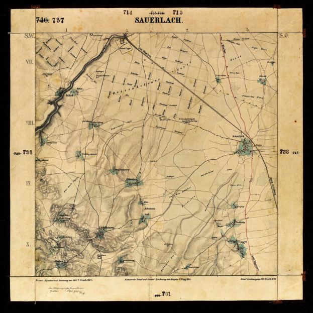 Ein altes Stadtplan von Sauerlach, Deutschland, mit einem schwarzen Hintergrund, der Straßen, Gebäude und andere Merkmale zeigt.