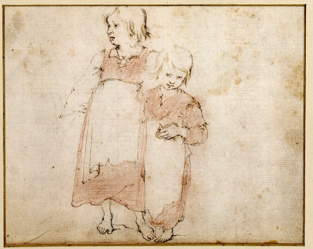 Zwei Kinder stehen Seite an Seite auf einem zerknitterten, erdtonigen Papier, ihre Gesichter und Kleidung sind in realistischem Stil detailliert, mit einem Arm um die andere und friedlichen Gesichtern.