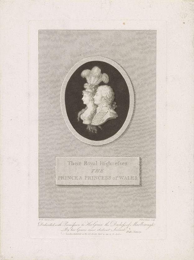 Schwarz-weiß-Bild eines Papiers mit einem Foto des Prinzen und der Prinzessin von Wales neben gedrucktem Text.