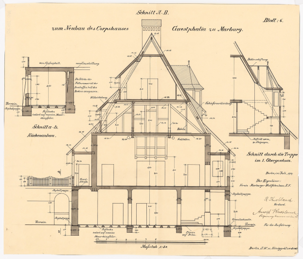 Ein detailliertes architektonisches Zeichnung eines Hauses mit vielen Fenstern und einem Dach, das als erstes Haus in Deutschland gilt, begleitet von Text und Plänen auf Papier.