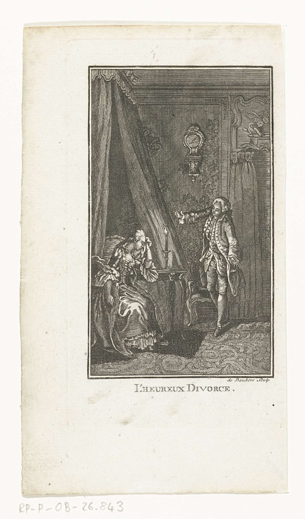 Gravur eines Mannes, der steht, und einer Frau, die auf einem Stuhl in einem Raum mit einem Vorhang sitzt, betitelt mit "L'heureux divorce" (Scheidung).