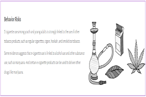 Ein Plakat mit einem Wasserpfeifen, Marihuanablättern und einer Zigarette, mit Text über den Zusammenhang zwischen E-Zigarettengebrauch und anderen Tabakprodukten bei Jugendlichen und jungen Erwachsenen.