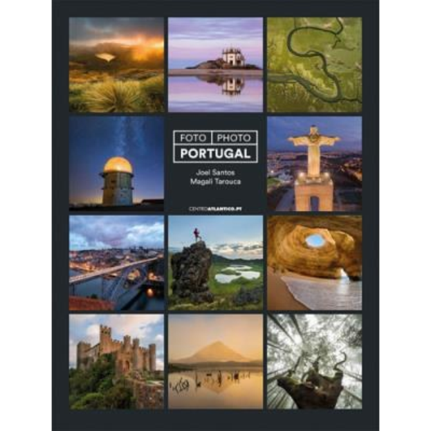 Collage-Plakat von Portugal mit Gebäuden, Bäumen, Wasser, einer Brücke, einem Turm, einer Statue und dem Himmel, mit Text, der Attraktionen und Aktivitäten beschreibt.