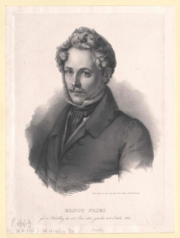 Schwarz-weiß-Porträt von Ernst Frühls, einem deutschen Komponist und Pianisten, der einen Anzug trägt und einen Schnurrbart sowie einen ernsten Gesichtsausdruck hat, mit deutschem Text unten.