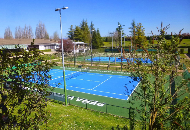 Ein Tennisplatz mit einem Netz in der Mitte, umgeben von grünem Gras, B├Ąumen, Geb├Ąuden und beleuchtet von Laternen unter einem klaren blauen Himmel.