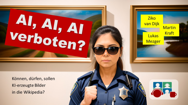 Eine Frau in Polizeiuniform und Sonnenbrille steht vor einer Wand mit zwei Fotorahmen, während bearbeiteter Text auf der linken Seite erscheint.