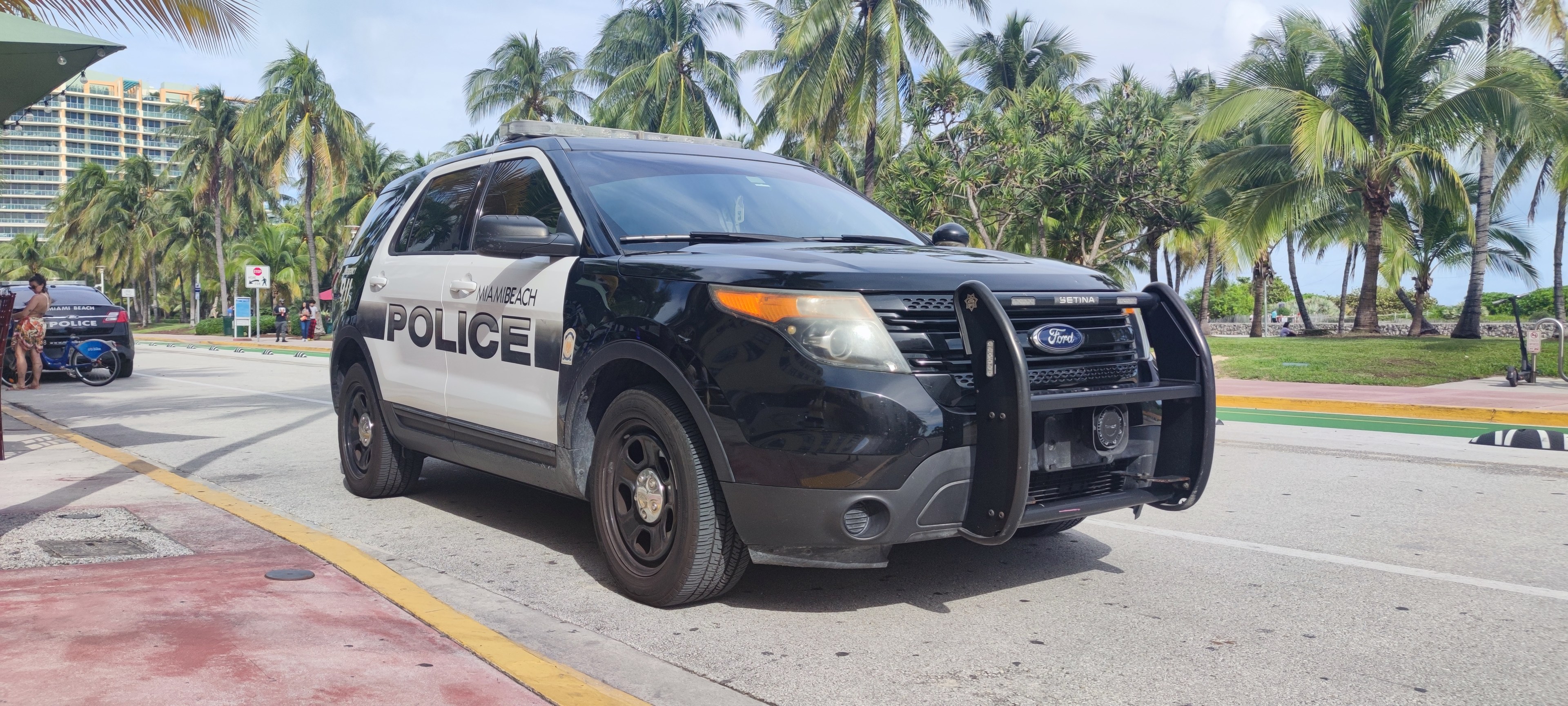 Polizeiauto am Straßenrand mit Menschen, Fahrrädern, Gras, Bäumen, Gebäuden und einem klaren blauen Himmel im Hintergrund.