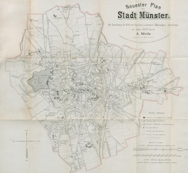 Ausführliche Karte von Stadt Münster, Deutschland, von 1873 mit Textanmerkungen zur Stadtplanung.