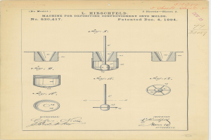 Schwarz-weißes Patentzeichnung eines Maschinenentwurfs zum Befüllen von Süßwarenformen, mit detailliertem Text und nummerierten Beschriftungen.
