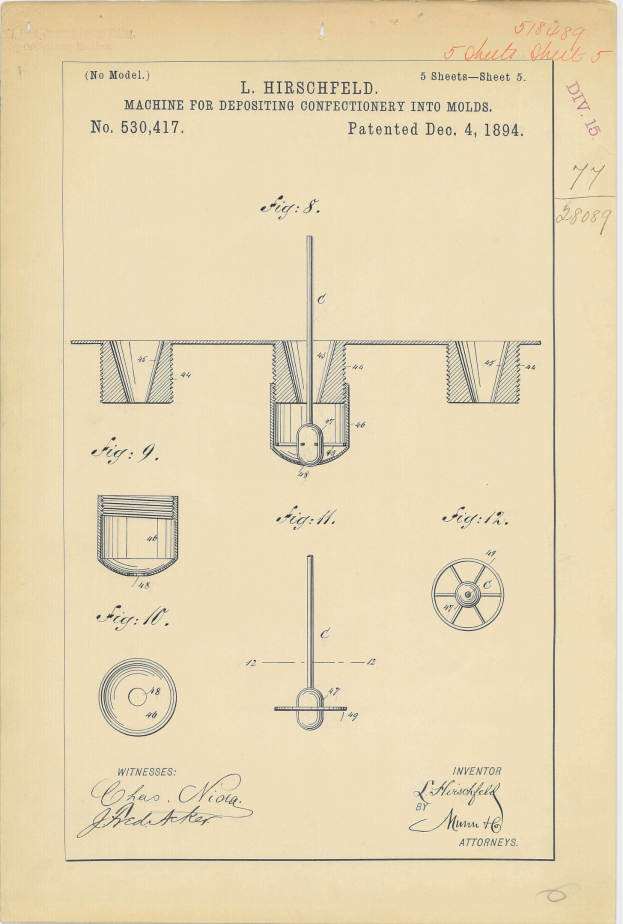 Schwarz-weißes Patentzeichnung eines Maschinenentwurfs zum Befüllen von Süßwarenformen, mit detailliertem Text und nummerierten Beschriftungen.