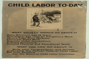 Ein Plakat mit einer Person im Anzug und Krawatte mit entschlossener Miene und fetter schwarzer Schrift, die "Kinderaerbeit heute: Was die Gesellschaft dagegen tun sollte" lautet, umgeben von einem weißen Rand.