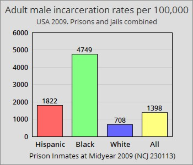 Ein Balkendiagramm, das die Inhaftierungsraten von erwachsenen Männern pro 100.000 in den Vereinigten Staaten darstellt, mit verschiedenen Balkenhöhen, die unterschiedliche Raten darstellen, und begleitendem Text, der zusätzliche Dateninformationen bereitstellt.