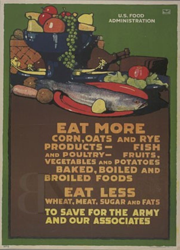 Plakat mit Obst, Gemüse und einem Fisch, das "Mehr Mais, Hafer und Roggenprodukte essen" fördert, um eine gesunde Ernährung für die Armee und Verbündete zu fördern.