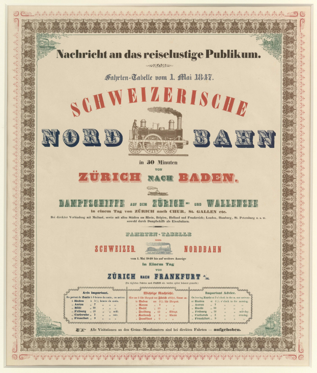 Plakat mit einem Zug in der Mitte und "Schweizerische Nordbahn in Baden, Deutschland" in fetter schwarzer Schrift auf einem hellgelben Hintergrund mit schwarz-weißem Karomuster und dekorativem Rahmen.