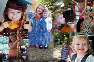 Ein Collage-Bild mit Vergnügungspark-Fahrgeschäften, einem Tisch mit Speisen, Besteck und verschiedenen Gegenständen vor einer Kulisse aus Grünpflanzen, Lichtern und einer Wand.