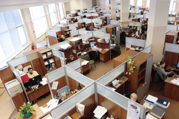 Großer Open-Plan-Büro mit Menschen an Schreibtischen, Computern, Topfpflanzen, Büchern, Papieren, Säulen und Fenstern auf der linken Seite.