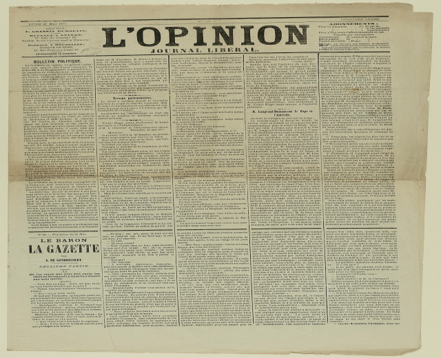 Alte, vergilbte Zeitungsvorderseite mit der Schlagzeile "L'opinion" in schwarzer Tinte.