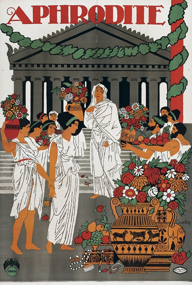 Plakat für das Aphrodite-Festival in Athen, Griechenland, das Menschen vor einem Gebäude mit Blumen im Vordergrund und Text über das Ereignis zeigt.