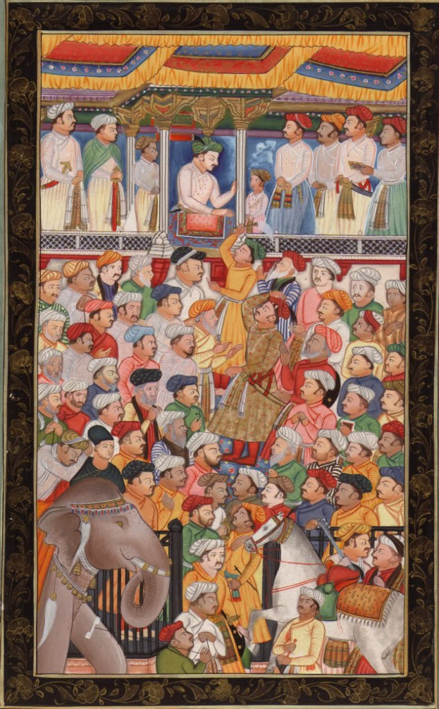 Bild eines Gruppenportr├Ąts von Menschen in traditioneller Rajasthan-Kleidung, die sich in einem Raum versammelt haben, mit einem dekorierten Elefanten, der prominent in der Vordergrund steht, gerahmt und in leuchtenden Farben dargestellt.