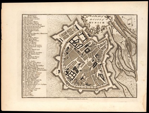 Detailierte alte Karte von München, Deutschland, mit Straßen, Gebäuden und Sehenswürdigkeiten auf einem schwarzen Hintergrund, begleitet von Textbeschriftungen.