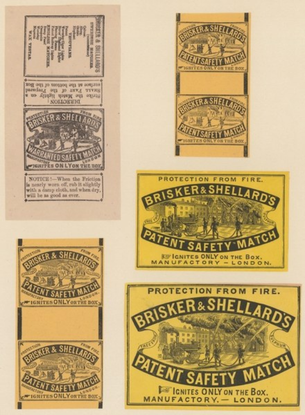 Papier mit "Brisker & Shellard's Patent Safety Match"-Text auf mehreren angehefteten Zetteln geschrieben.