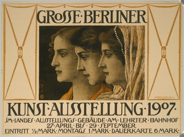 Plakat für die Kunst-Ausstellung 1897 mit drei Frauen mit menschlichen Gesichtern und Text über das Ereignis.