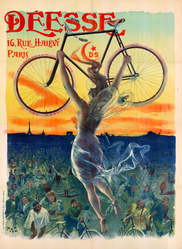 Plakat, das ein Fahrradrennen in Paris ankündigt, mit einer Frau, die ein Fahrrad hält, umgeben von einer Menge und dem Eiffel-Turm im Hintergrund.