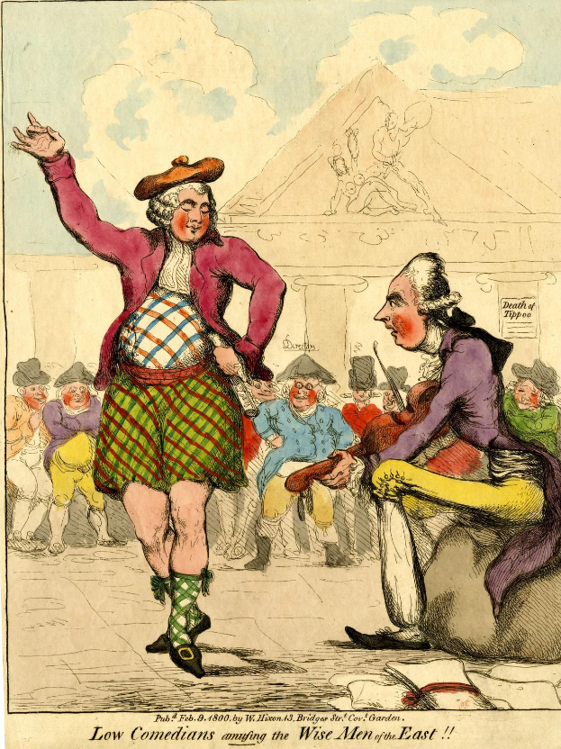 Zeichnung eines Mannes in einem Kilt und einer Frau in einem Kleid, die vor einem Publikum auf einer Bühne stehen, mit einem Gebäude im Hintergrund und Wolken am Himmel, und der Text 'Niedrige Komiker, die die weisen Männer des Ostens unterhalten' unten