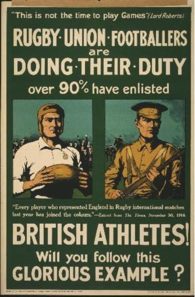 Plakat mit zwei Rugbyspielern in Uniform und Text über britische Athleten, die in den Krieg ziehen.