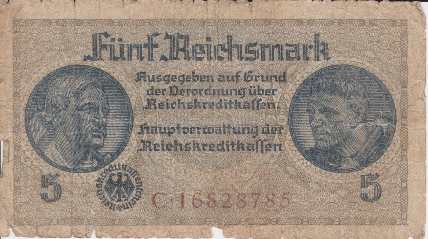Alte deutsche 5 Reichsmark-Banknote mit Porträt eines Mannes