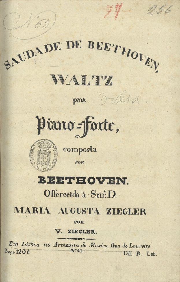 Ein aufgeschlagenes Buch mit dem Titel "Waltz Piano-Forte, Composition for Beethoven"