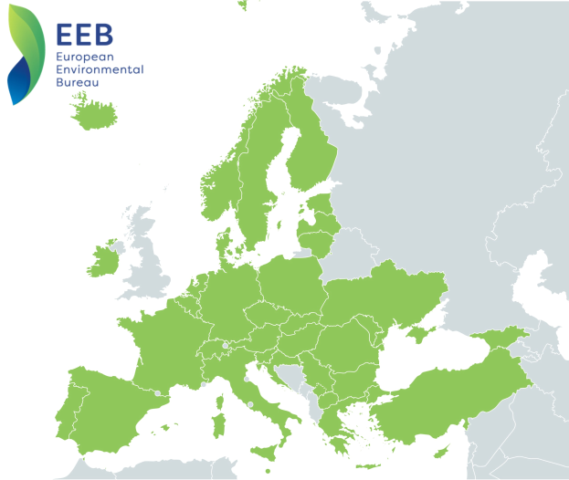 Eine Europakarte mit dem Logo der Europäischen Umweltbehörde in der linken oberen Ecke, die in verschiedenen Grüntönen schattiert ist, um verschiedene EU-Regionen darzustellen.