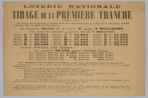 Ein Lotterielos mit dem Text "Loterie Nationale Tirage de la Première Tranche" darauf gedruckt.